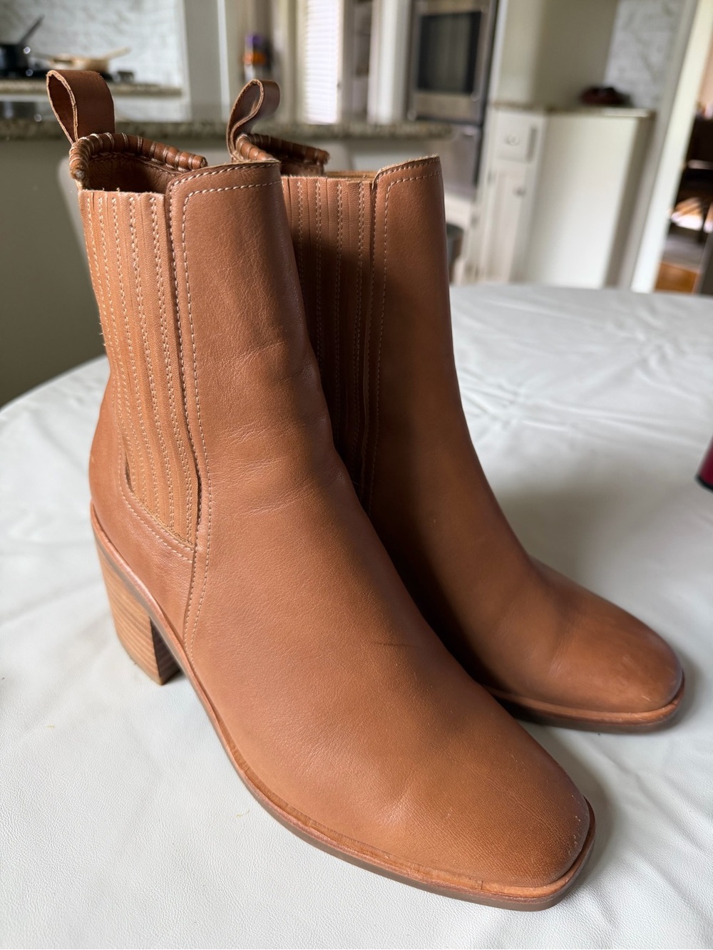 Women’s Tan Leather Ankle Booties with Block Heel